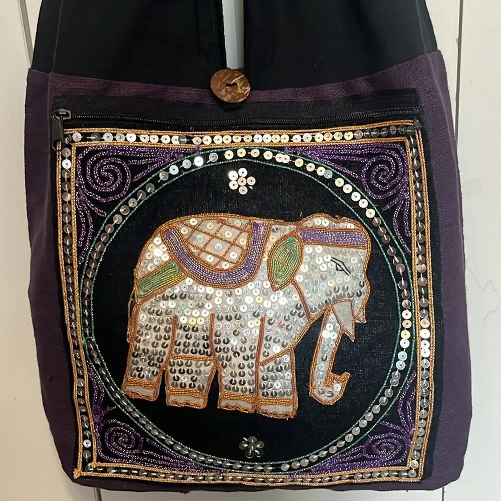 Embroidered Sequin Elephant Purse Shoulder Bag Tote Elephant Thailand Hobo Beads